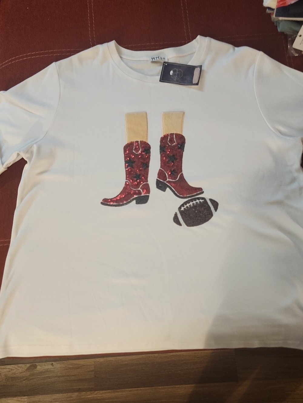 White Short Sleeve Tee with Sequin Red Cowboy Boots And Football Graphic